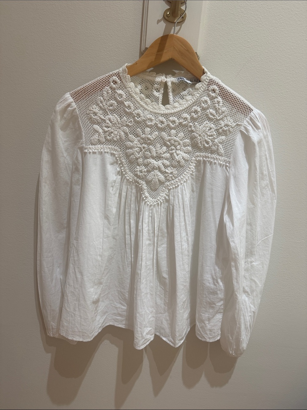 Zara White Crochet Yoke Peasant Blouse